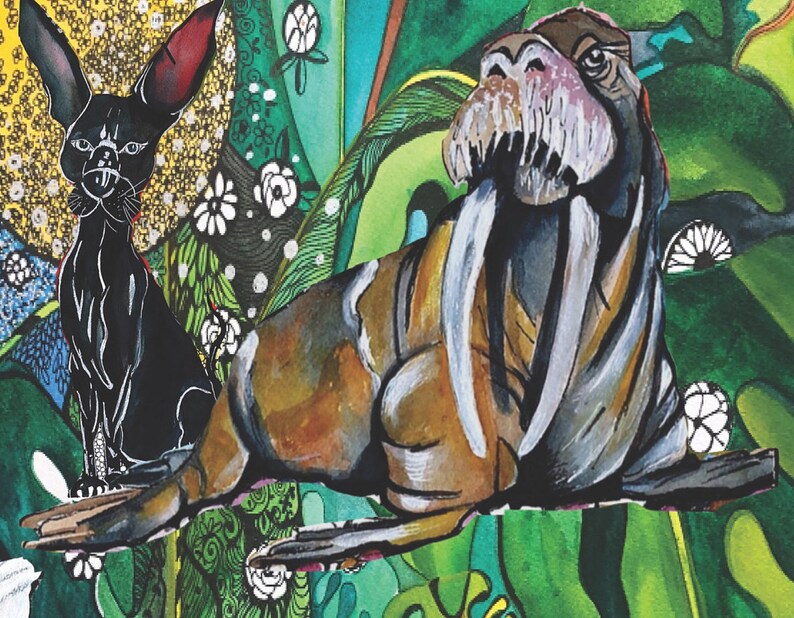 May include: A watercolor painting of a black cat and a walrus. The cat is sitting on its hind legs and looking to the left. The walrus is lying on its side with its head raised and its mouth open. The background is a green and yellow abstract design.