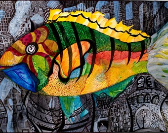 l’Art Sur La Table - Ensemble de 30 napperons - 12 x 18 pouces - Un poisson dans la ville