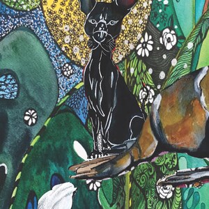 May include: A black cat with large ears sits on a branch in a colorful, abstract painting. The background features green, blue, and yellow colors with white flowers.