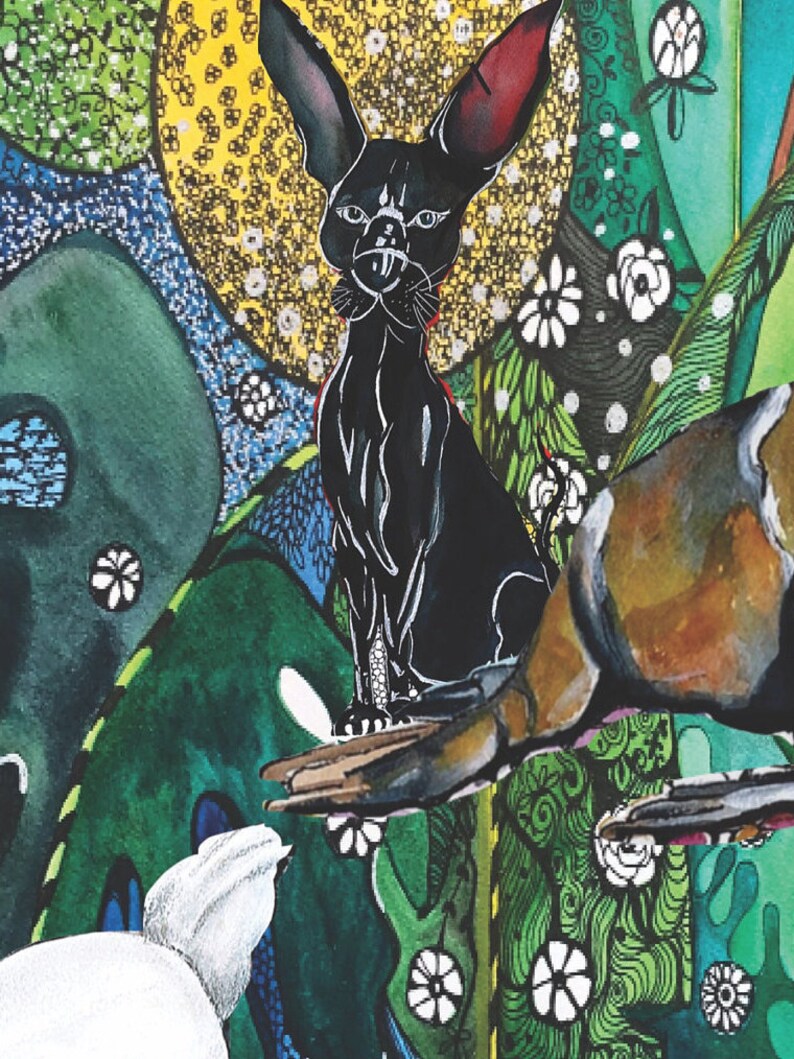 May include: A black cat with large ears sits on a branch in a colorful, abstract painting. The background features green, blue, and yellow colors with white flowers.