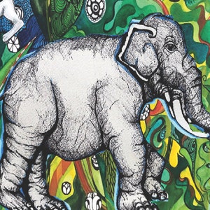 May include: A black and white illustration of an elephant standing in a green, yellow, and blue jungle. The elephant has large ears and a long trunk. The jungle is filled with plants and flowers.