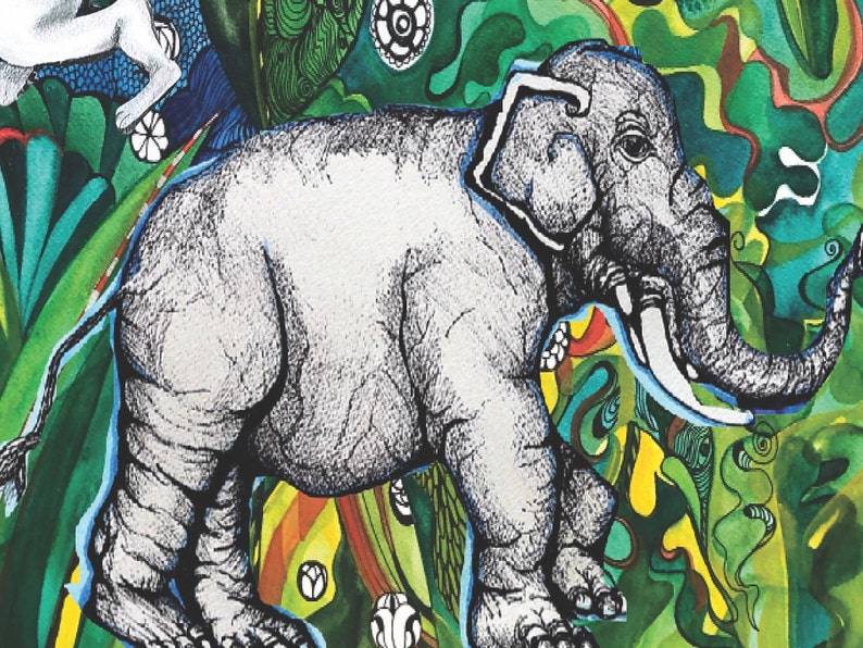 May include: A black and white illustration of an elephant standing in a green, yellow, and blue jungle. The elephant has large ears and a long trunk. The jungle is filled with plants and flowers.