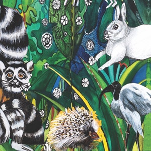 May include: A watercolor painting of a jungle scene with a lemur, a rabbit, a hedgehog, and a bird. The animals are surrounded by lush green foliage and flowers.
