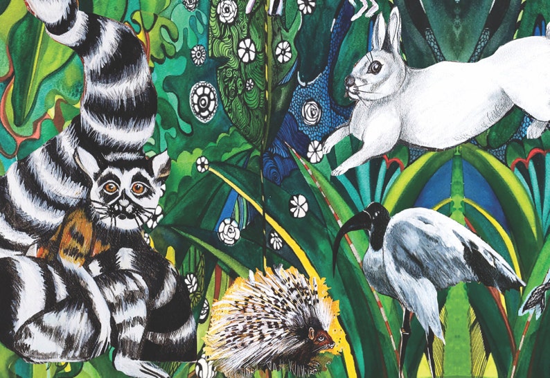 May include: A watercolor painting of a jungle scene with a lemur, a rabbit, a hedgehog, and a bird. The animals are surrounded by lush green foliage and flowers.