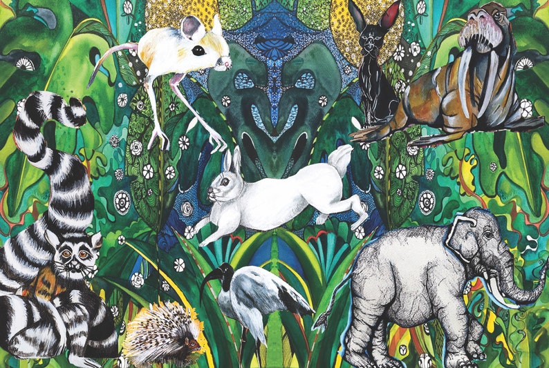 May include: A colorful illustration featuring a variety of animals in a jungle setting. The animals include a lemur, a rabbit, a mouse, a walrus, an elephant, and an ibis. The background is a vibrant green with flowers and leaves.