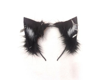 Black ears with earrings for furry and cosplay wolf cat ear
