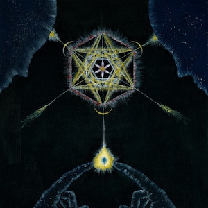 May include: A black and white painting of two hands reaching towards a glowing yellow light. The light is suspended from a geometric design with red and yellow lines. The background is black with white stars.