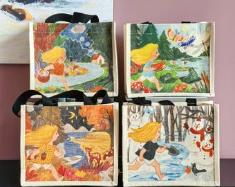Four Seasons-lunchtas/water- en oliebestendige herbruikbare lunchtas/canvas illustratie kunstprint