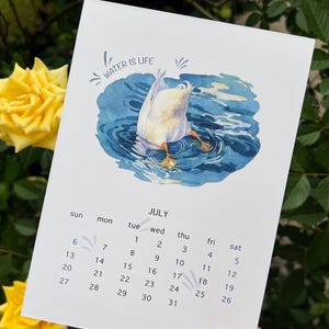 DIY aquarel gedrukte maandkalender/eend duiken/juli kalender/briefkaart/tafelkalender