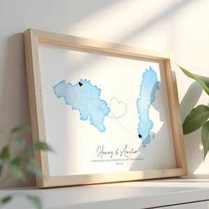 Cadeau pour relation interurbaine, illustration de carte personnalisée pour les couples pour célébrer leur voyage, 2 pays, cadeau personnalisé