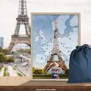 Carte de voyage personnalisée, arrière-plan photo, carte de l’Europe, voyage en train, vacances citadines, souvenir de voyage personnel, affiche de voyage