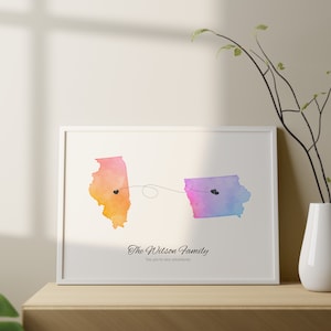 Carte d'état interurbaine personnalisée, art personnalisé de la relation à distance, impression de carte d'états de couples, affiche s'éloignant, nouveau départ aventure