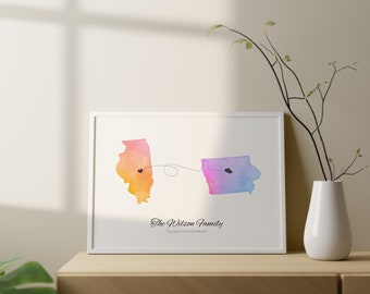 Custom long distance state map, Personalised distanced relationship art, Couples states map print, moving away poster, new start adventure