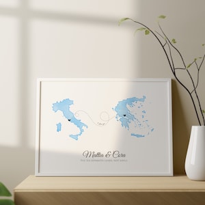 Gepersonaliseerde internationale liefdesposter, aangepaste langeafstandskaartafdruk, familiekaart verhuizen naar het buitenland, locatiekaart twee, jubileumcadeau voor hem
