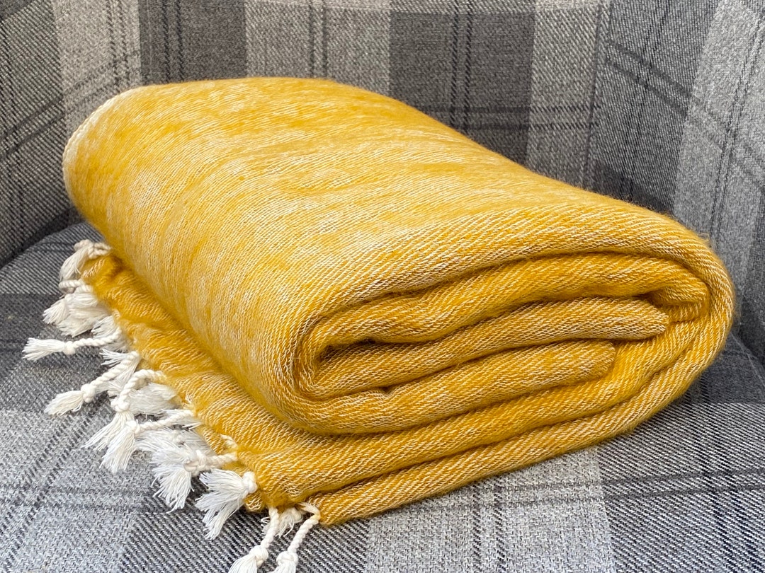 Yak Wool Fringe Large Blanket M Yellow Soft Oversized Etsy