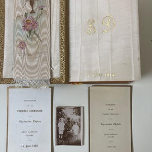 Missel Ancien 1912 – Reliure Cuir & Tranches Dorées – Avec Photo et Cartes de Communion de Suzanne Depas