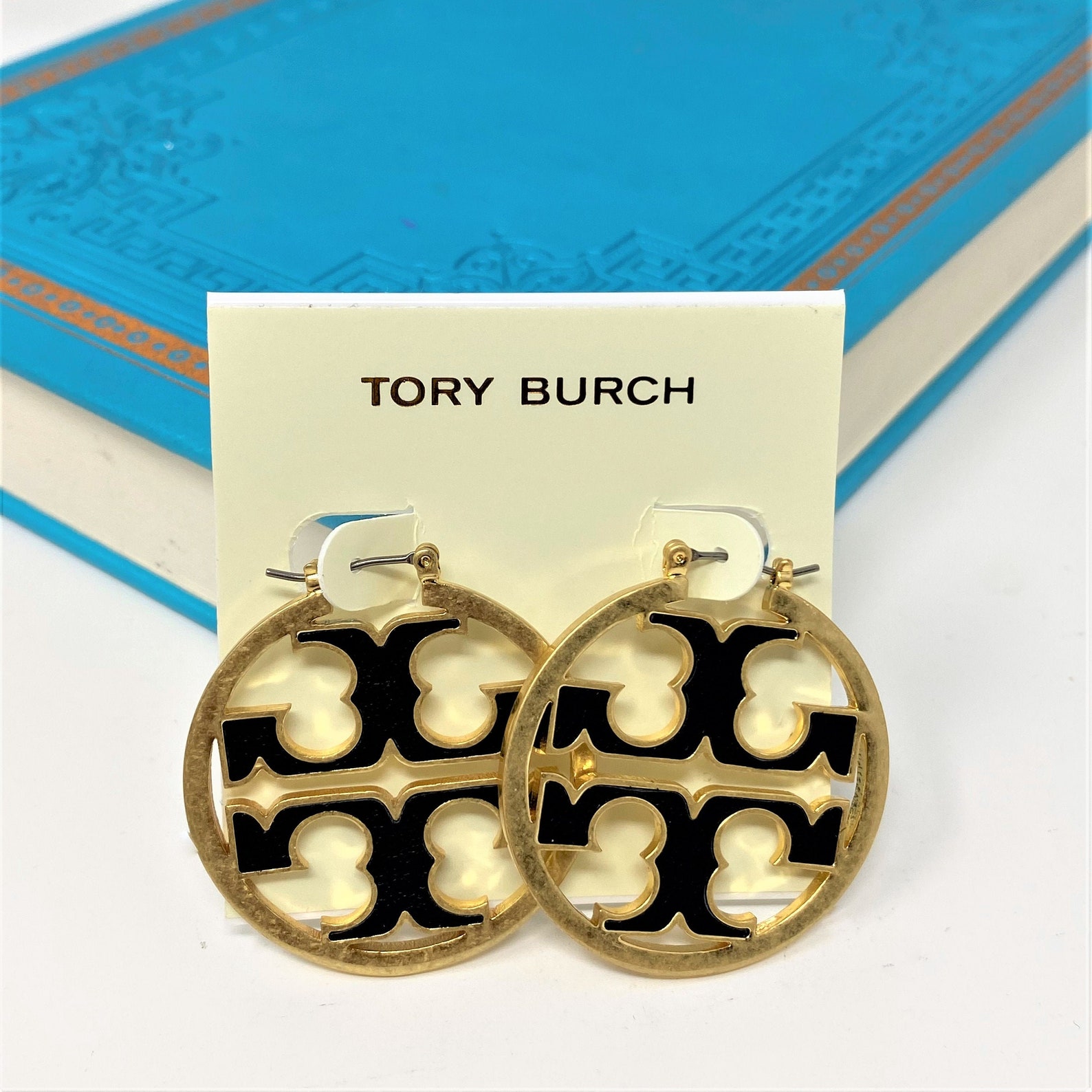 Tory Burch Black Leather Miller Hoop Earrings w/ Dust Bag | Etsy