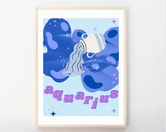 May include: A blue and purple abstract illustration of the astrological sign Aquarius. The illustration features a stylized water pitcher pouring water, with the word "Aquarius" written in pink letters.