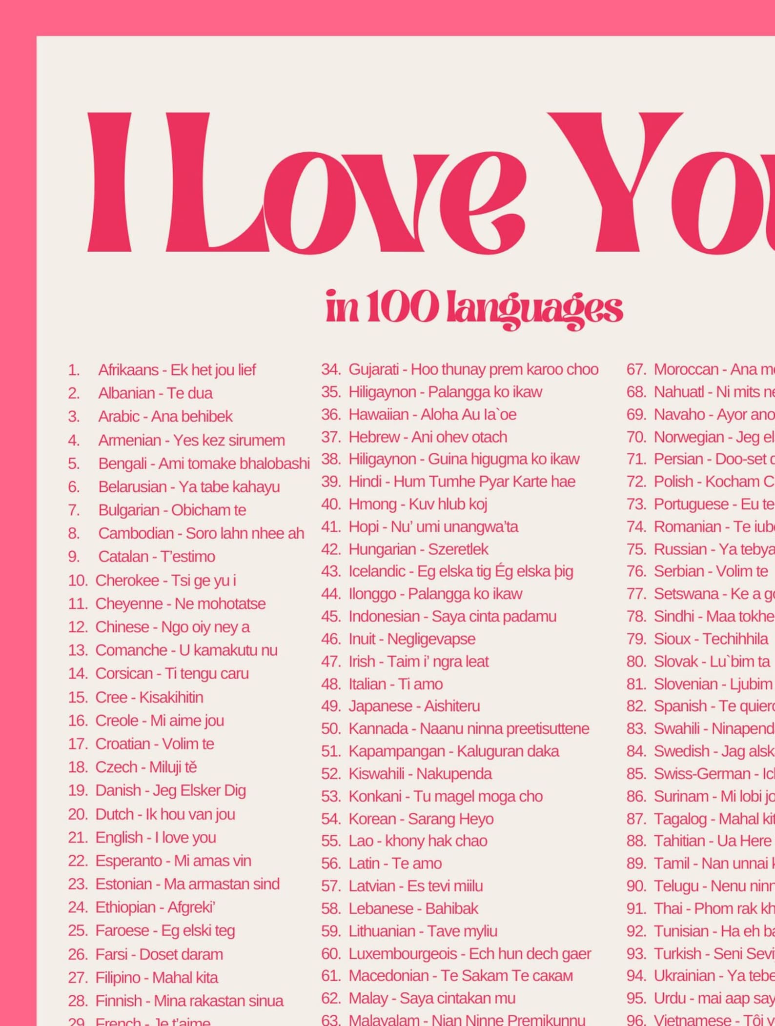 I Love You Print I Love You in 100 Languages Language Love Print Print
