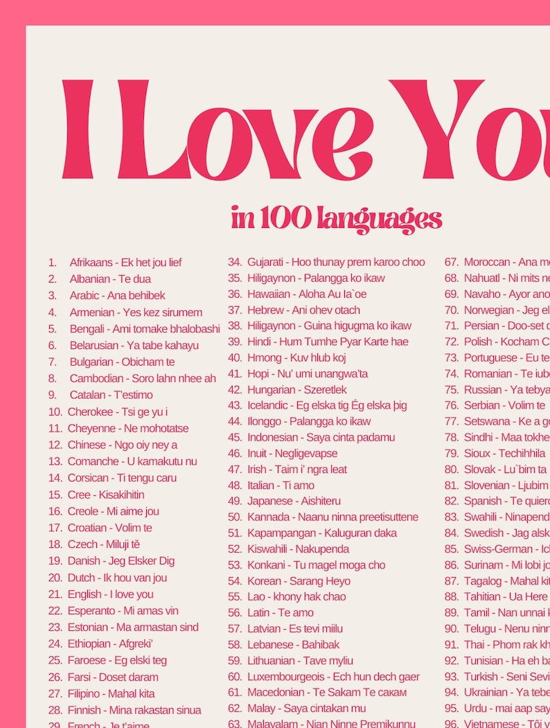 I Love You Print I Love You in 100 Languages Language Love Print Print Digital Download Dorm
