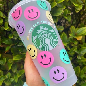 Custom tumbler with happy face starbucks reusable for ice coffee / Mother's Day gift /gift for graduation / motivation / manifesting