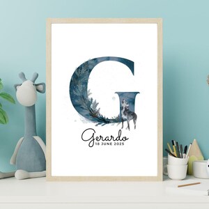 Impresión, nombre de bebé personalizable, inicial G-L, impresión artística de animales del bosque, regalo de baby shower, día de la madre, niña, niño, azul, verde, gris