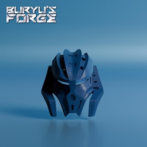 May include: A dark blue mask with a futuristic design and geometric details. The mask features sharp angles and a central opening. The text "BURYU'S FORGE" is displayed in a silver, futuristic font above the mask.
