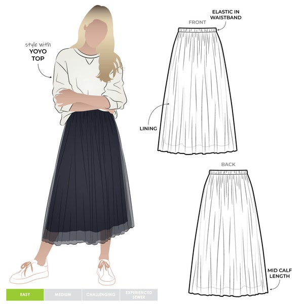 Style Arc Miranda Skirt pattern in sizes 4-16, Stylish on trend tulle overlay skirt with elastic waistband, skill level beginner