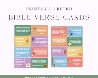 May include: Printable retro Bible verse cards with colorful backgrounds and text. Each card features a Bible verse and decorative elements like flowers, lightning bolts, and smiley faces. The cards are designed with a retro aesthetic.