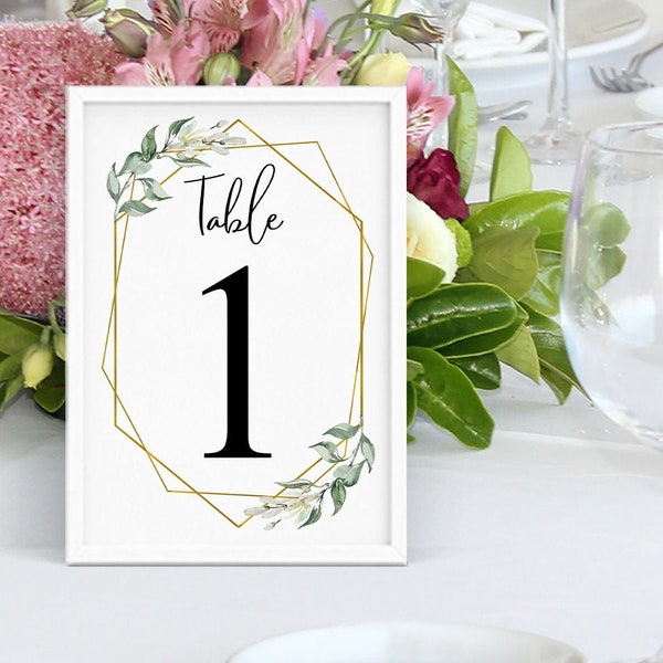 Eucalyptus Gold Table Numbers 1 to 50 sign Wedding Reception Bridal Shower Eucalyptus Gold Geometric Ready to Print No Editable TN016-107