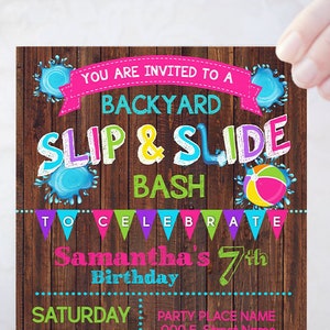 Hot pink Slip & slide summer backyard bash invitation wooden back summer water bash birthday invite self editable with Corjl P016-212