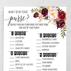 What is in your purse, bridal shower game, marsala boho chic wedding shower activity, Ready to Print No Editable Template 23-GW108