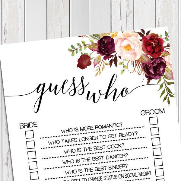 Guess who game bridal shower activity game marsala flowers boho chic wedding shower couples shower games Ready to Print No Editable 06-GW108