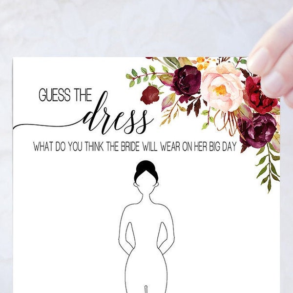 Guess the Dress game bridal shower activity game marsala flowers boho chic wedding shower game Ready to Print No Editable 04-GW108