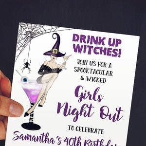 Drink up Witches birthday invitation girls night out Halloween witch spooktacular wicked party invite self editable with Corjl P052999