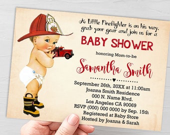 A little firefighter is on his way baby shower fireman mom to be shower vintage baby firetruck invite self editable with Corjl B74-150