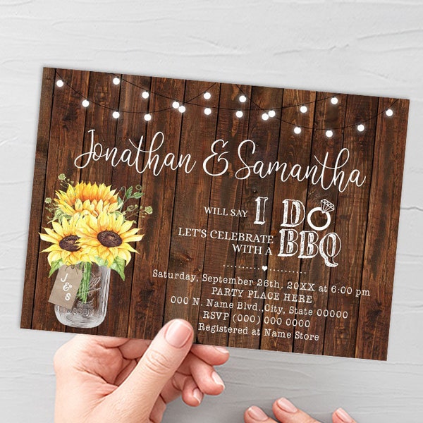 Sunflowers Will say I do lets celebrate with a BBQ couples shower invitation country western chic rustic invite You edit with Corjl W22-104