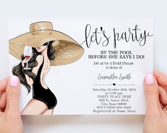 Lets party by the pool before I do party couples shower Invitation summer party wedding bridal shower invite You edit with Corjl W41-102