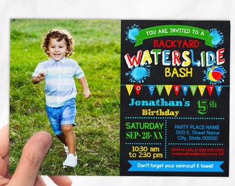 Waterslide summer backyard water bash invitation children chalkboard primary colors photo landscape invite self editable with Corjl P027-210