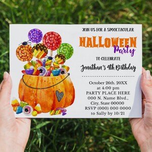 Halloween birthday invitation pumpkins halloween spooktacular treat or trick candy party invite self editable with Corjl P062-999
