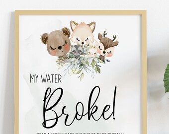 Forest Animals My water broke baby shower game ice baby greenery eucalyptus woodland animals activity Ready to Print No Editable 35-GB66