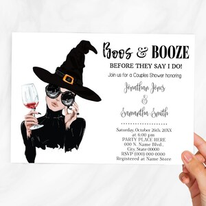 Invitación para despedida de soltera de parejas &quot;Abucheos y bebidas antes de decir &quot;Sí, quiero&quot; Invitación para despedida de soltera de brujas de Halloween Edita con Corjl W39-102