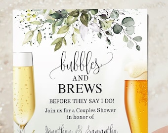 Greenery Bubbles and Brews Before I do invitation Eucalyptus Couples Shower Drinks with Bride & Groom invite You edit with Corjl W56-110