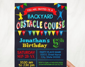 Obstacle Course backyard bash invitation summer birthday bash outdoor yard chalkboard primary colors invite You edit with Corjl P047-210