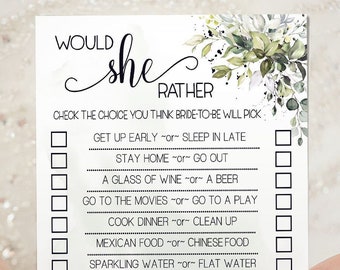 Would She Rather game bridal shower activity editable game greenery eucalyptus wedding shower games edit yourself with Corjl 13-GW110