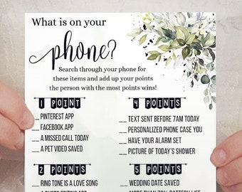 What is on your phone game, bridal shower activity game, greenery, eucalyptus, wedding shower game, Ready to Print No Editable game 22-GW110