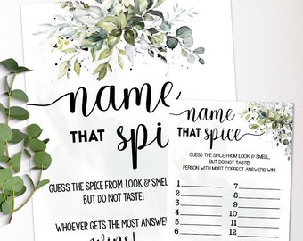 Guess the spice game bridal shower activity editable game name the spice greenery eucalyptus wedding shower you edit with Corjl 30-GW110