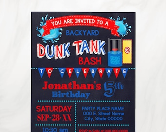 Dunk Tank water summer birthday bash invitation Summer water party red white and blue chalkboard invite self editable with Corjl P141-214