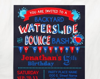 Waterslide and Bounce Summer Backyard Birthday Bash invitation children red white and blue summer party invite You edit with Corjl P153-214