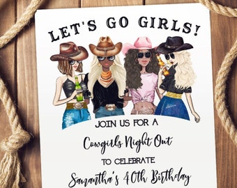 Cowgirls Night Out Birthday invitation Lets Go Girls Western Country Party Minimalist Stylish Girls invite You edit with Corjl P227-999